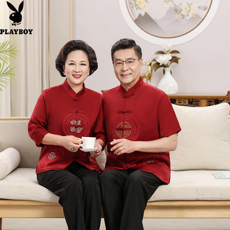 花花公子夏季冰丝情侣唐装套装