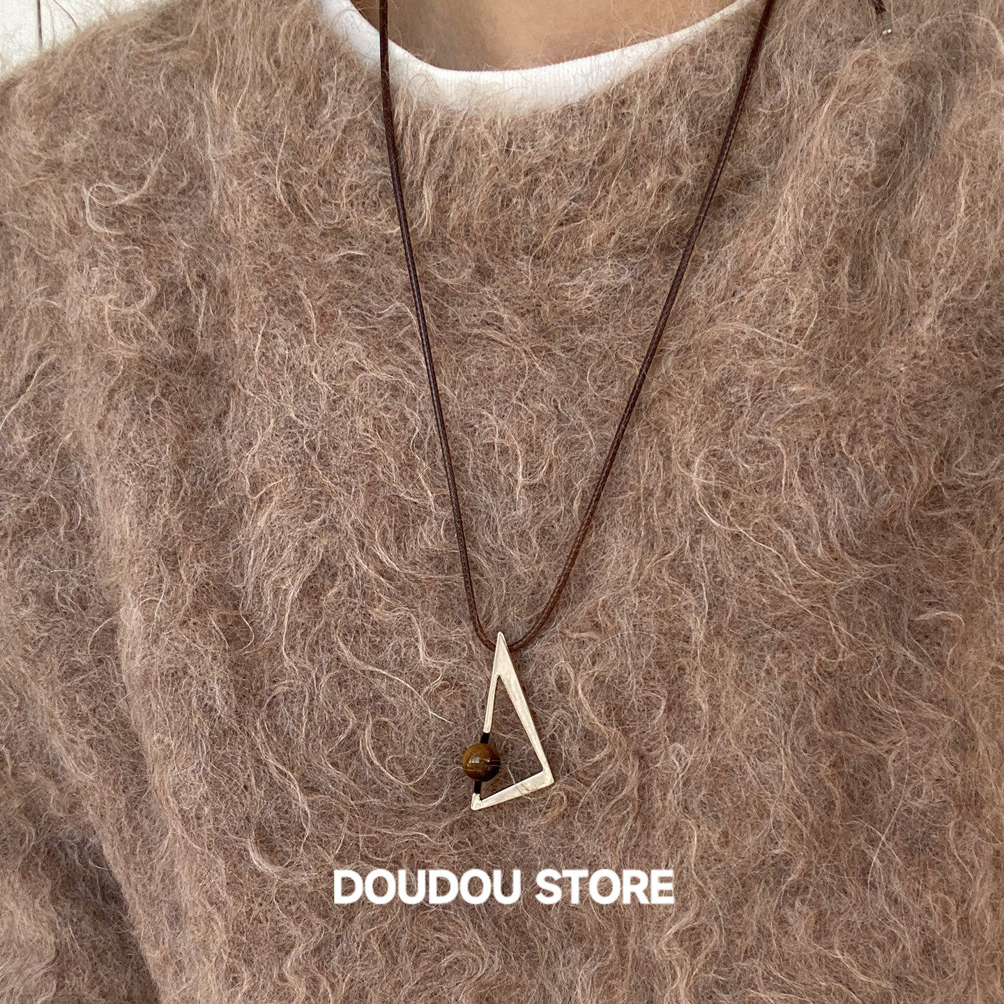 DOUDOUSTORE几何项链秋冬天然虎眼石美拉德抽拉开调节毛衣链女款