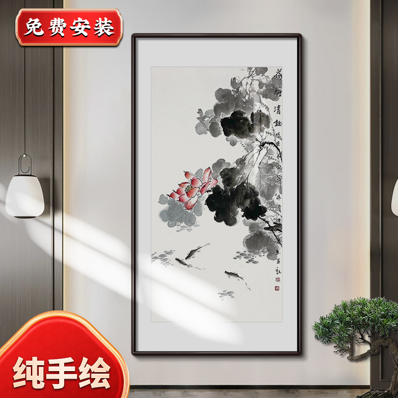 纯手绘玄关花鸟水墨装饰画新中式入户走廊过道挂画客厅背景墙壁画图片