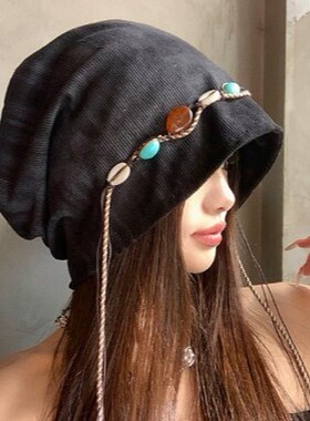 波西米亚风串珠流苏包头帽女宽松百搭复古大头围显脸小堆堆帽子