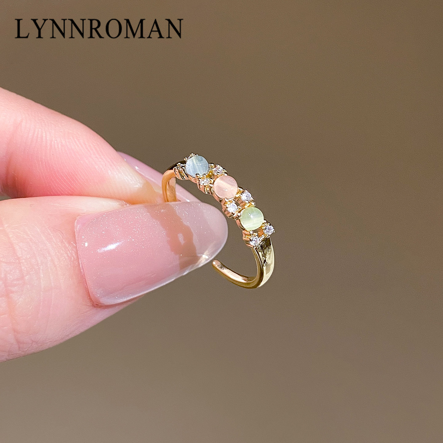 LYNNROMAN猫眼石戒指女高级感轻奢精致时尚气质百搭开口食指戒指