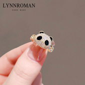 LYNNROMAN小众设计感可爱熊猫戒指女2024年新款 锆石食指戒开口戒