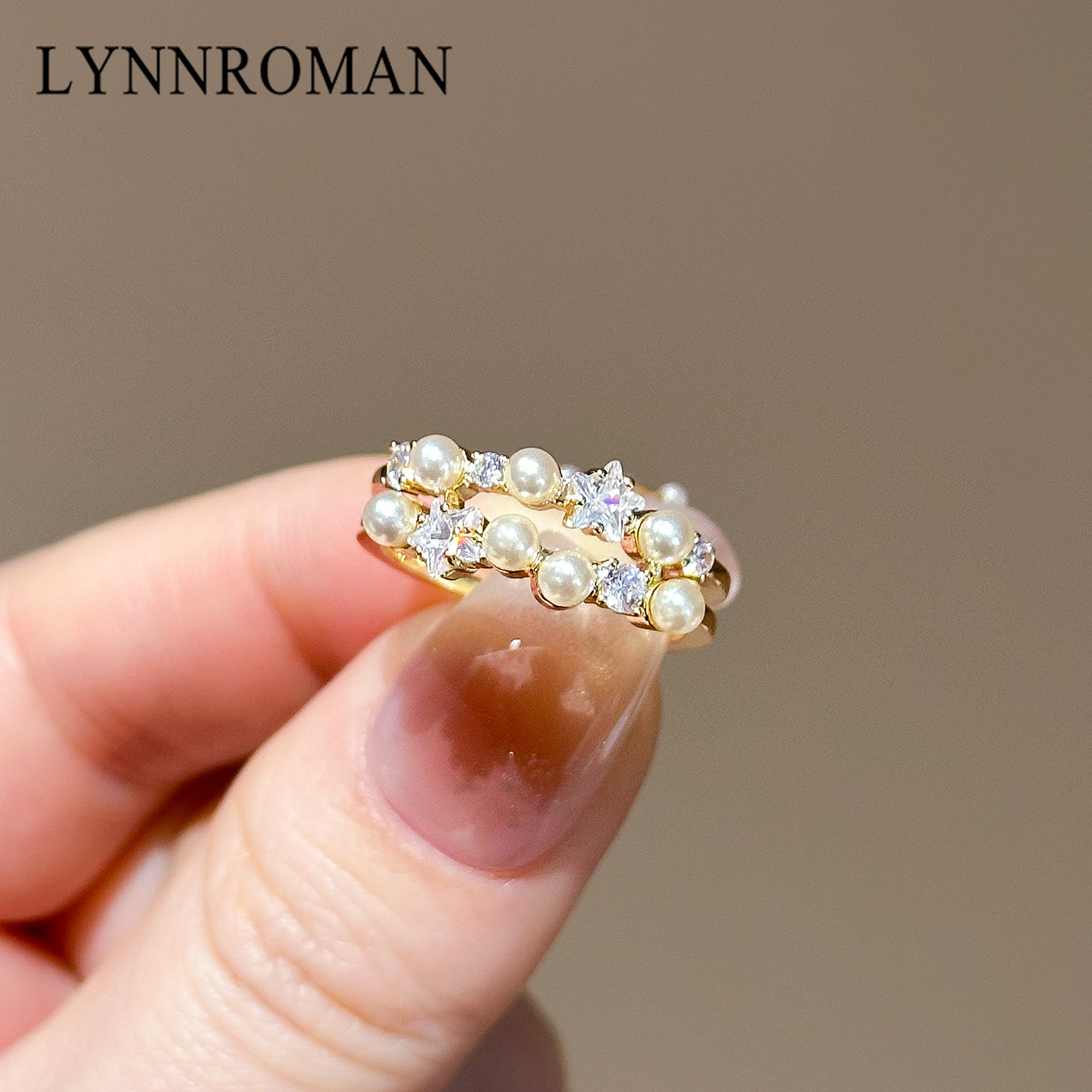 LYNNROMAN双层仿珍珠星星氧化锆戒指女小众设计轻奢高级感开口戒