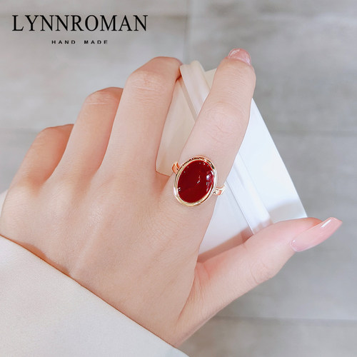 LYNNROMAN古典椭圆酒红色开口戒