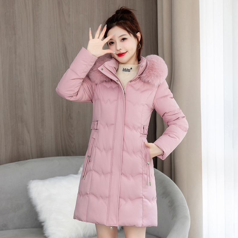 羽绒棉服女中长款修身大毛领