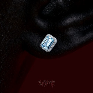 黑骨BLACKBONE S925纯银天然海蓝宝18k白金耳钻耳钉嘻哈轻奢男女