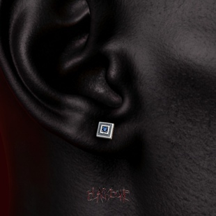 黑骨BLACKBONE S925纯银做旧复古方形蓝钻耳钉街头嘻哈小众男女款