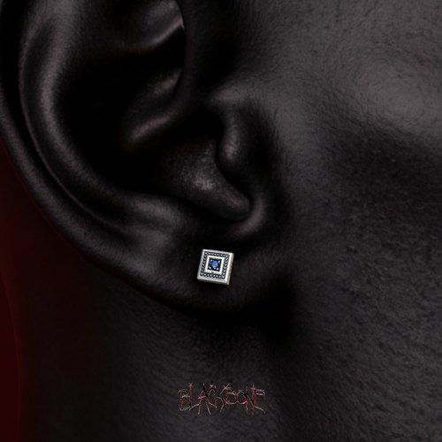 黑骨S925通体纯银做旧蓝钻方耳钉