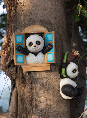 花园装饰开窗熊猫挂件 庭院布置造景摆件树上挂饰别墅小院子墙壁