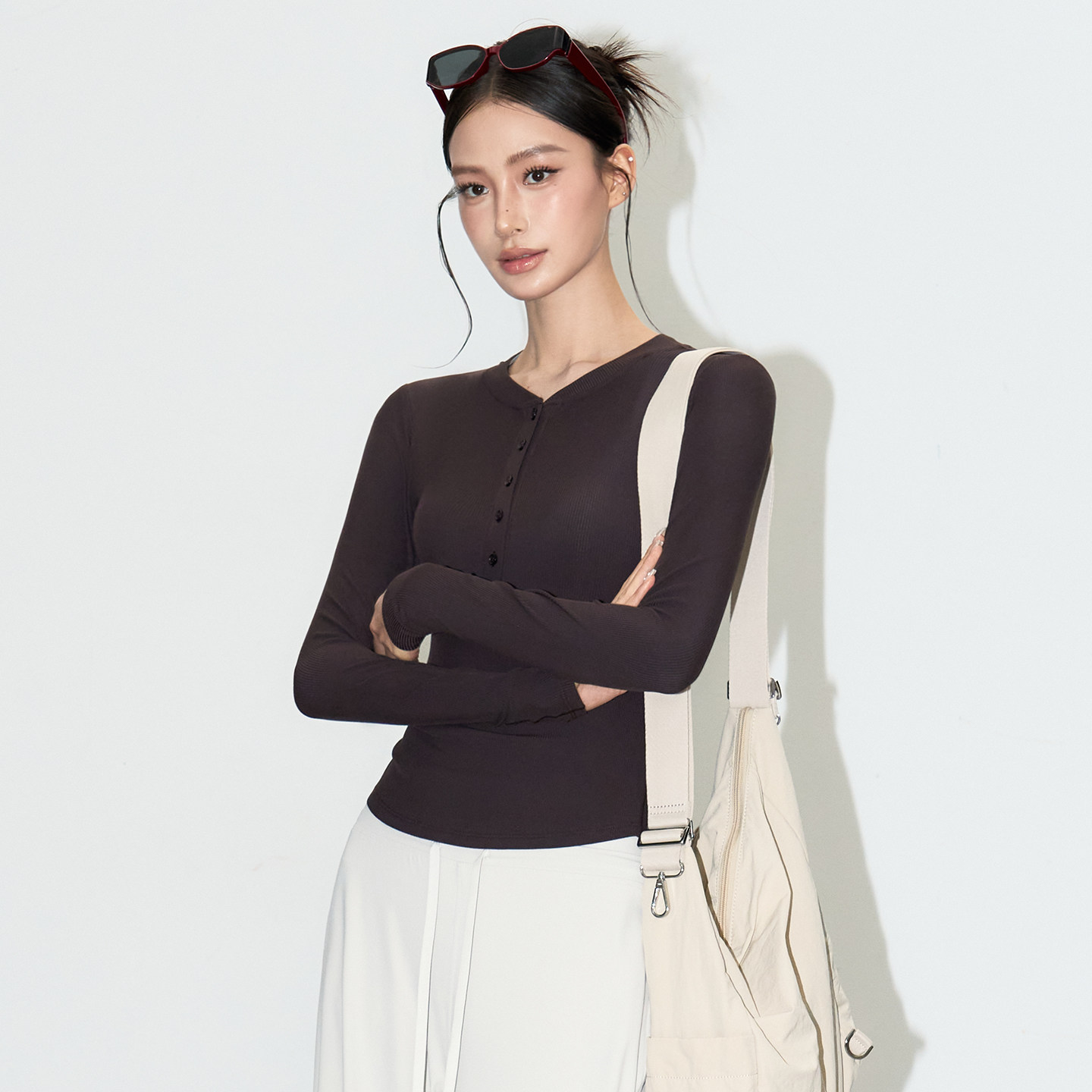 元气女孩莫代尔瑜伽服上衣女圆领修身运动长袖户外跑步健身T恤新