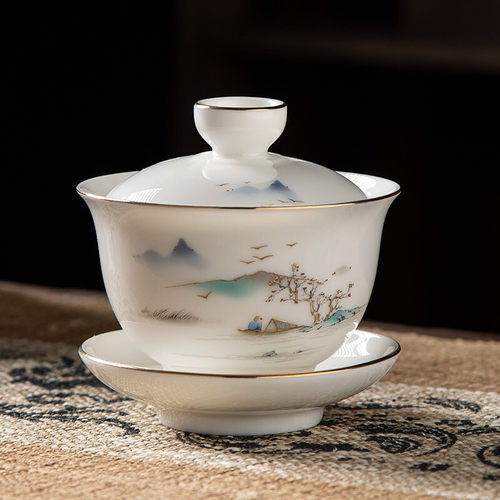 金镶玉山水盖碗茶杯单个羊脂玉瓷陶瓷泡茶白瓷功夫茶具三才敬茶碗