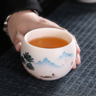 金镶玉羊脂玉瓷主人杯陶瓷单个茶盏手绘茶杯品茗杯家用功夫茶具