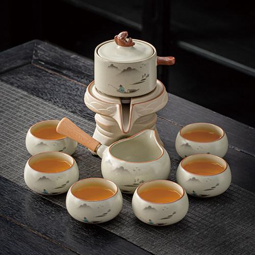 金镶玉懒人泡茶神器米黄汝窑功夫茶具套装家用自动泡茶壶轻奢高档
