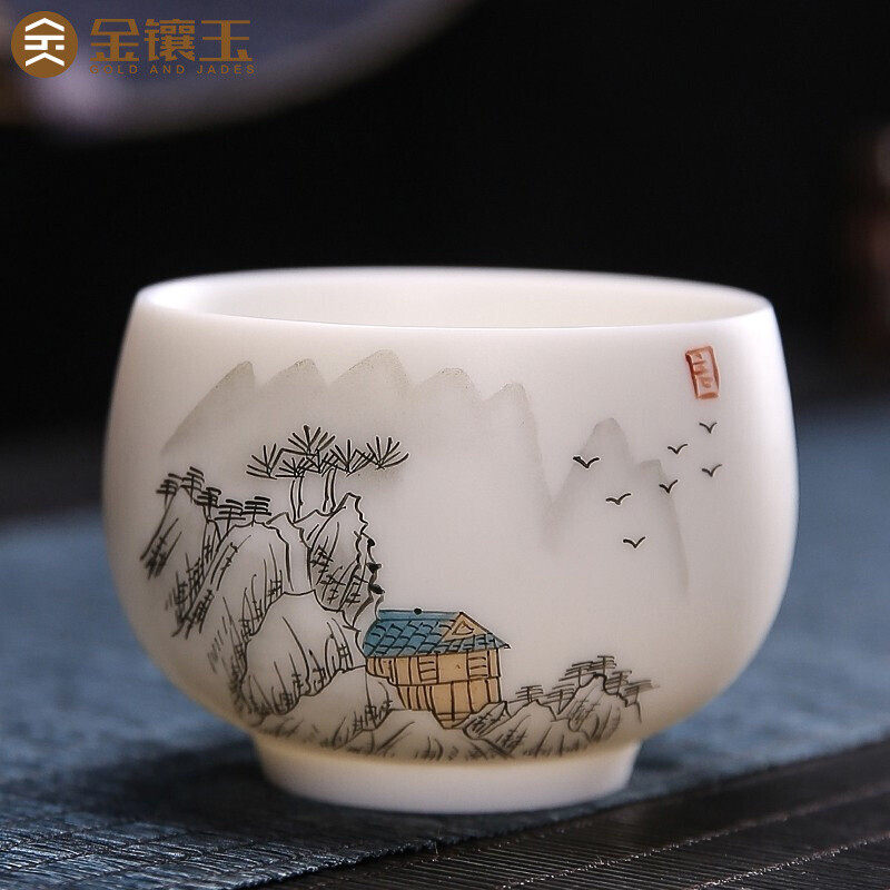 金镶玉羊脂玉瓷主人杯茶杯白瓷手绘描金功夫茶具高端品茗杯陶瓷