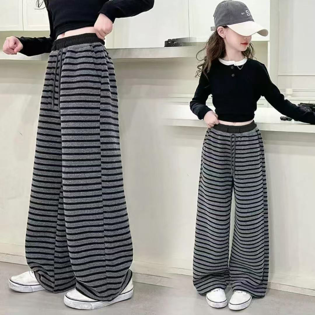 春秋女童宽松遮胯显瘦条纹直筒裤
