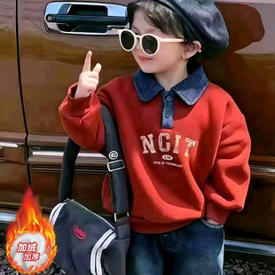 男童翻领卫衣加绒加厚秋冬季儿童韩版洋气红色喜庆过年服保暖上衣