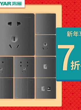 鸿雁开关插座大面板空调家用多孔 暗装一开五孔电源面板Q3灰黑色