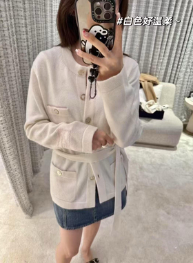 Freya顶版25B小香风圆领金属纽扣黑白色外套口袋刺绣腰带针织开衫