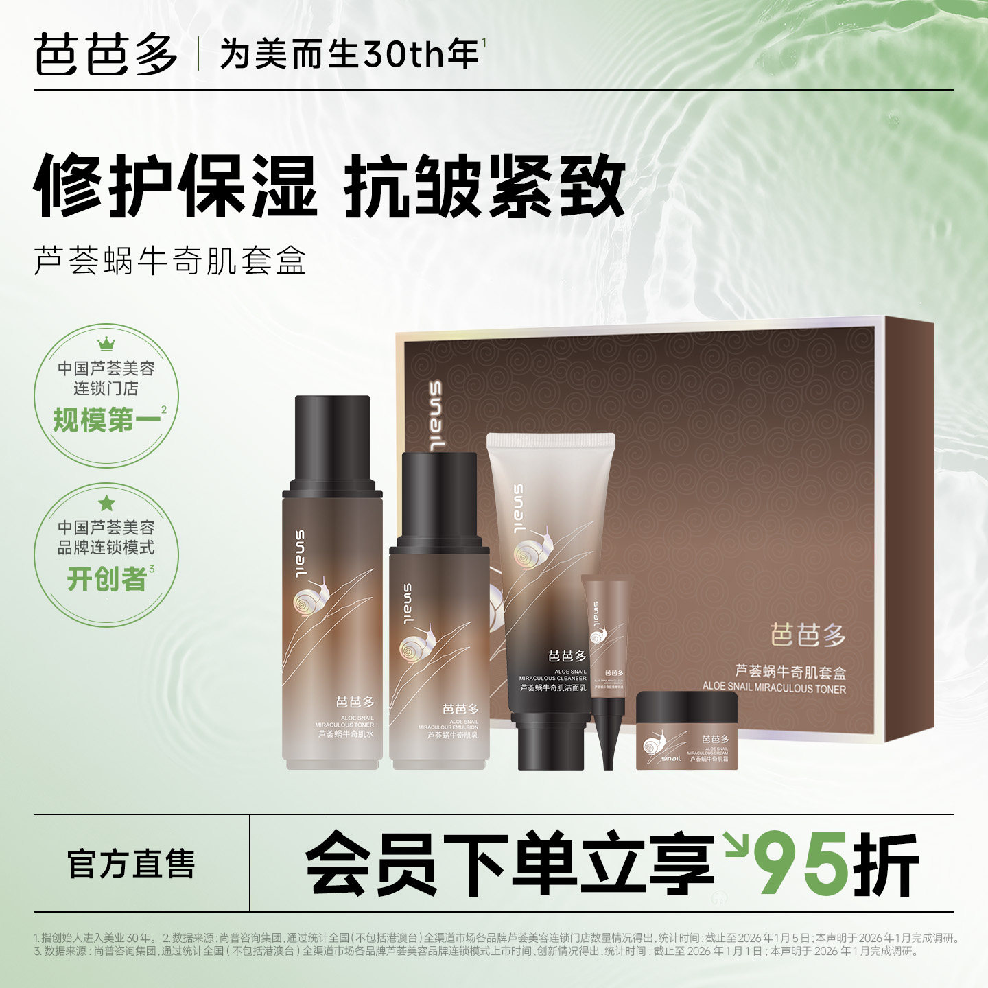 芭芭多芦荟蜗牛奇肌套盒洁面水乳液精华液面霜保湿正品官方旗舰店