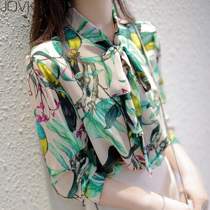 JOVKATTI高端桑蚕丝真丝衬衫印象油画 画风气质花鸟印花飘带衬衫
