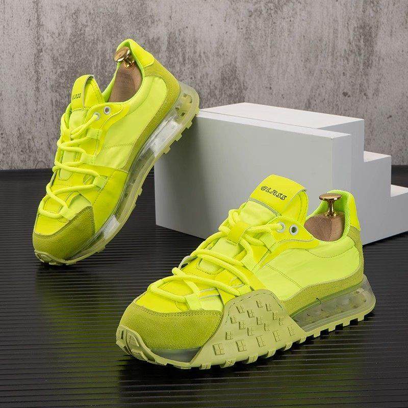 时尚百搭款！夏季透气帆布休闲鞋荧光黄色鞋子潮男士内增高老爹鞋