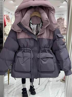 LILY MOST中长款羽绒服女2025年新款拼接撞色收腰白鸭绒冬季外套