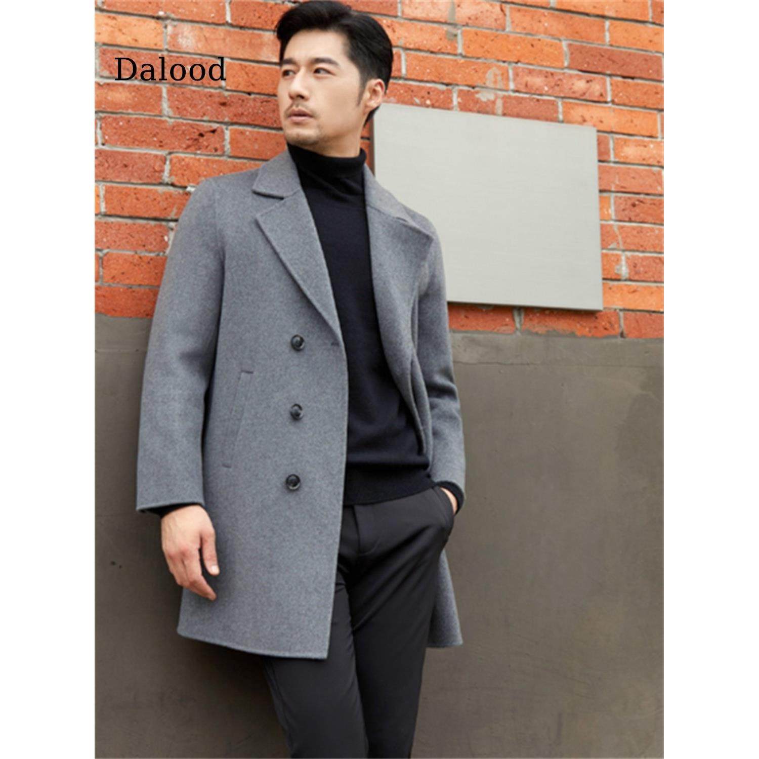 冬季男装双面呢风衣纯羊毛呢子外套韩版修身双排扣中长款羊绒大衣