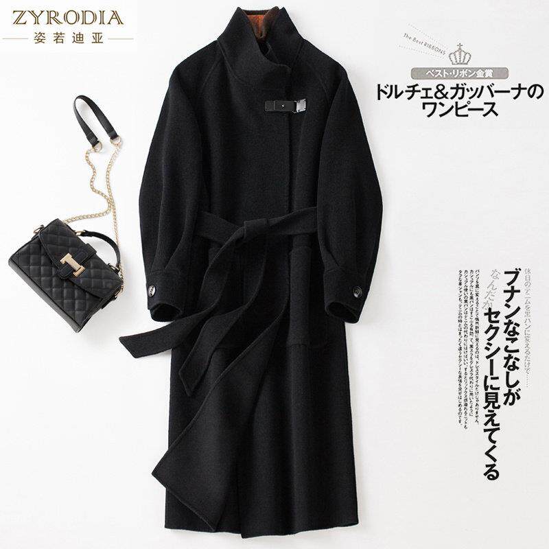 ZYRODIA 冬季女时尚双面羊绒大衣中长款立领皮扣系带黑色过膝外套