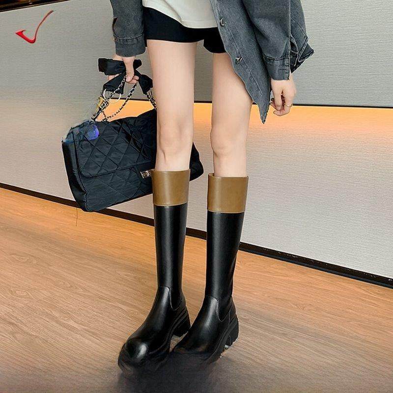 Hunnz 小香风拼色长靴女秋冬英伦风厚底高筒骑士靴真皮显瘦长筒靴,女鞋,骑士靴,淘宝优惠券,粉丝福利购,淘宝优惠卷