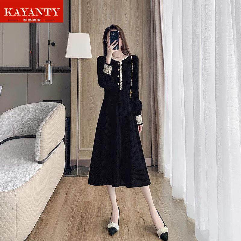 KAYANTY法式覆古金丝绒连衣裙女新款显瘦气质灯芯绒赫本风a字裙子