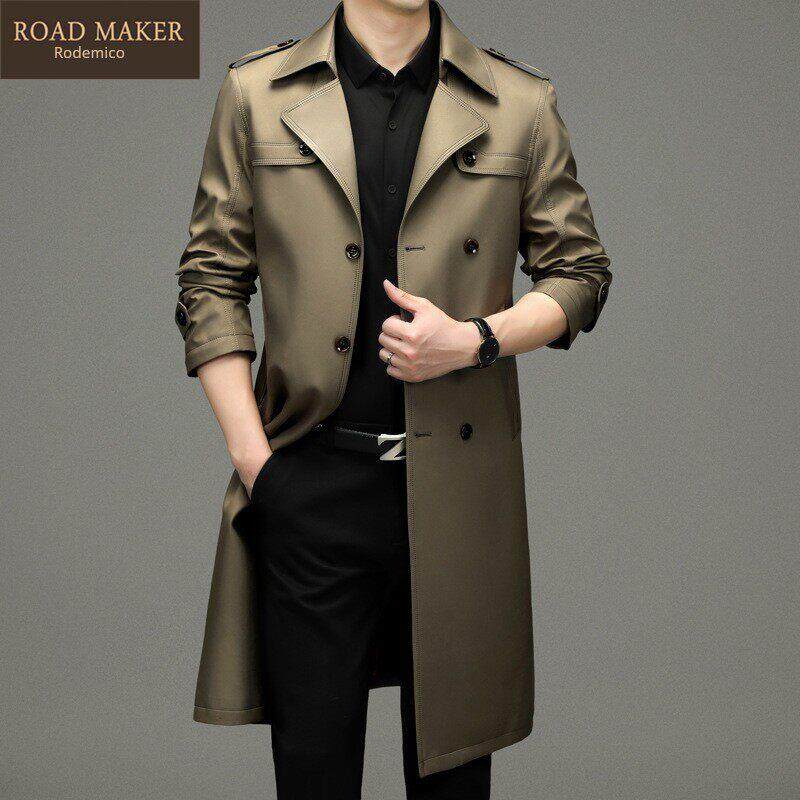 ROADMAKER高档男士过膝长款双排扣风衣秋季新款青年时尚大衣外套