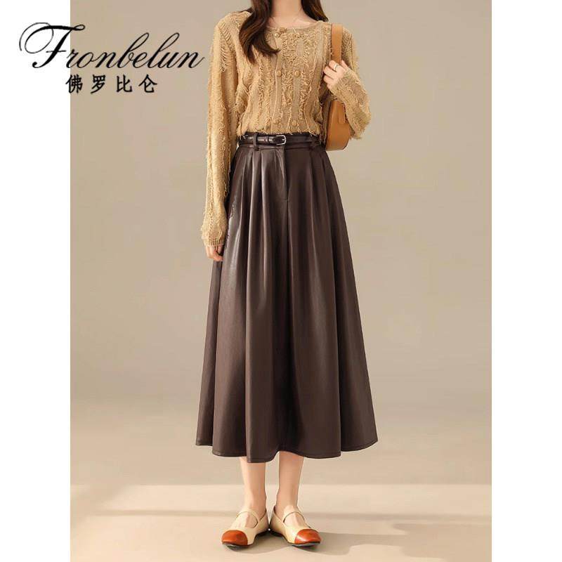 时尚高腰皮裙半身裙女2025秋冬新款宽松显瘦松紧腰中长款a字伞裙