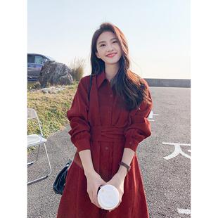 衬衫连衣裙女中长款春秋2025年新款韩版小众设计法式覆古红色裙子