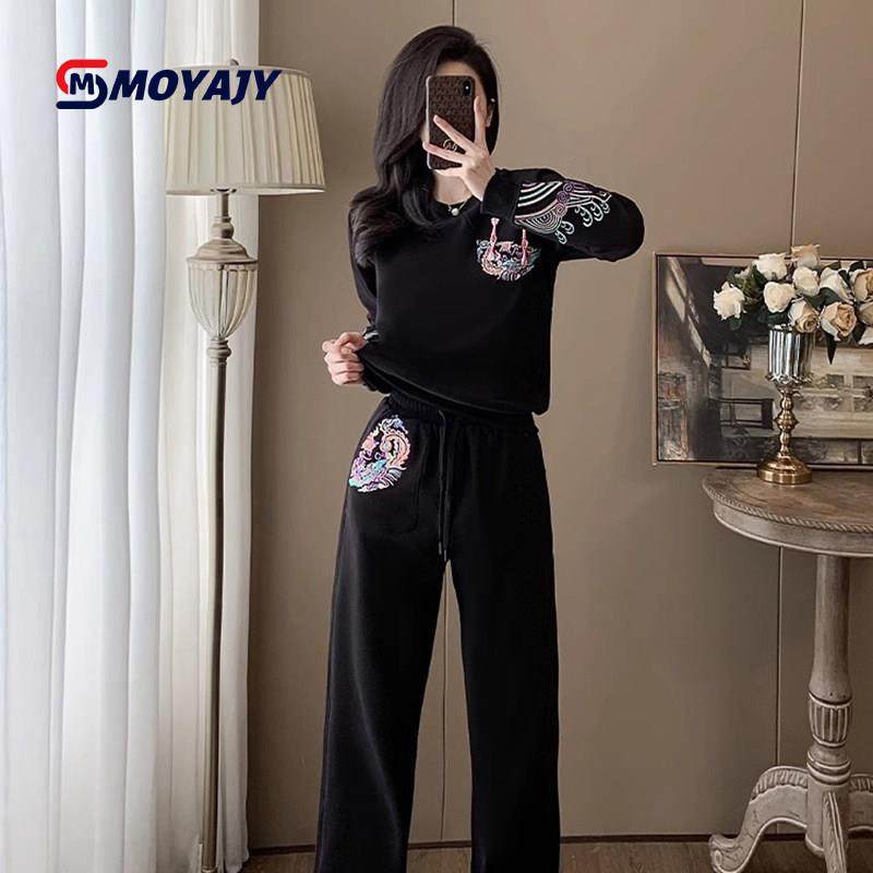 MOYAJY品牌新中式国风运动服套装女冬加绒时尚卫衣束脚裤两件套