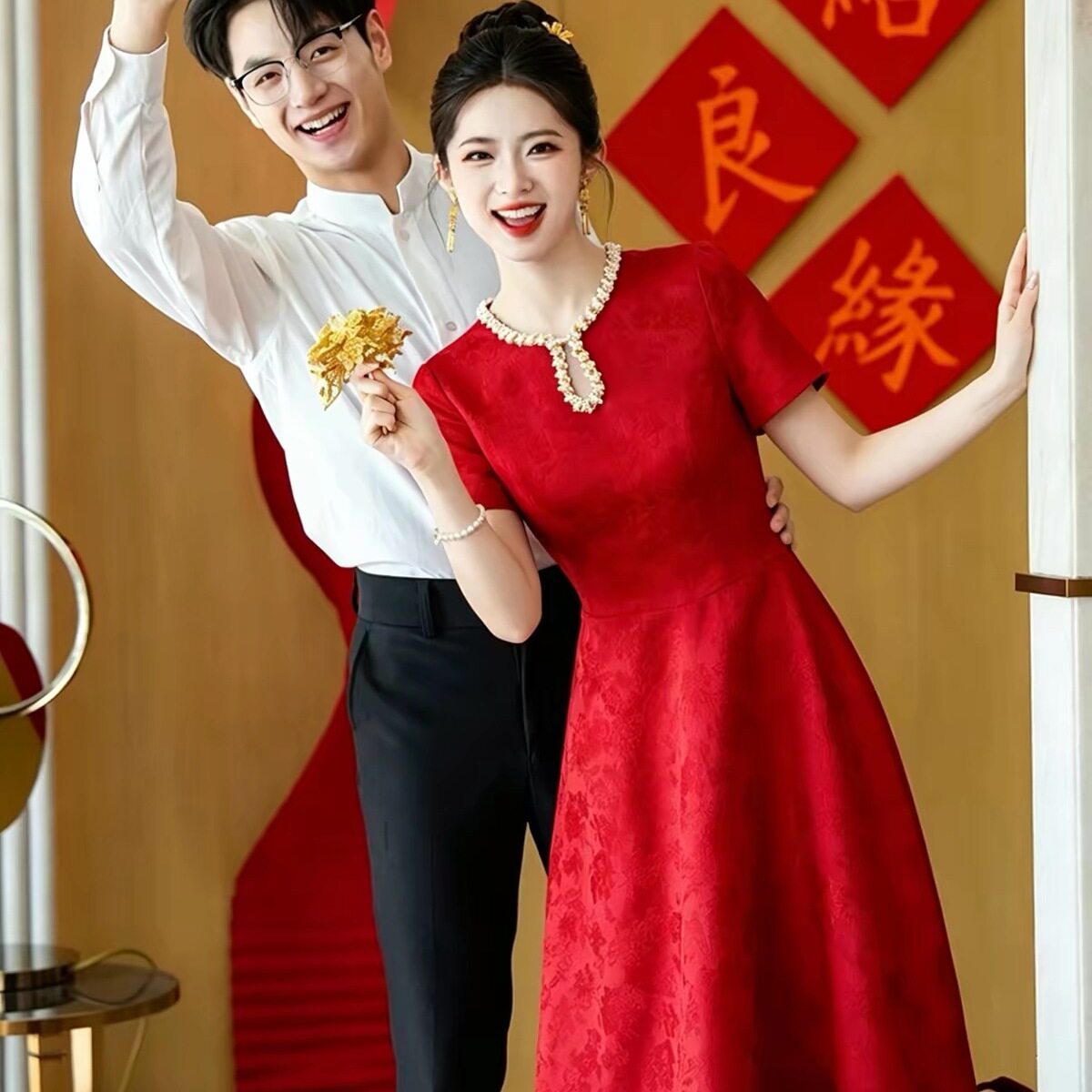 法国Lemondtajoes红色新中式敬酒服新娘订婚礼服裙回门便装连衣裙