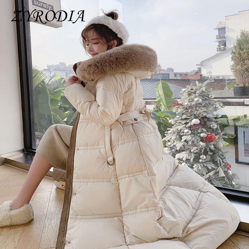 ZYRODIA 真狐狸毛领羽绒服2024爆款收腰显瘦中长款过膝白鸭绒外套