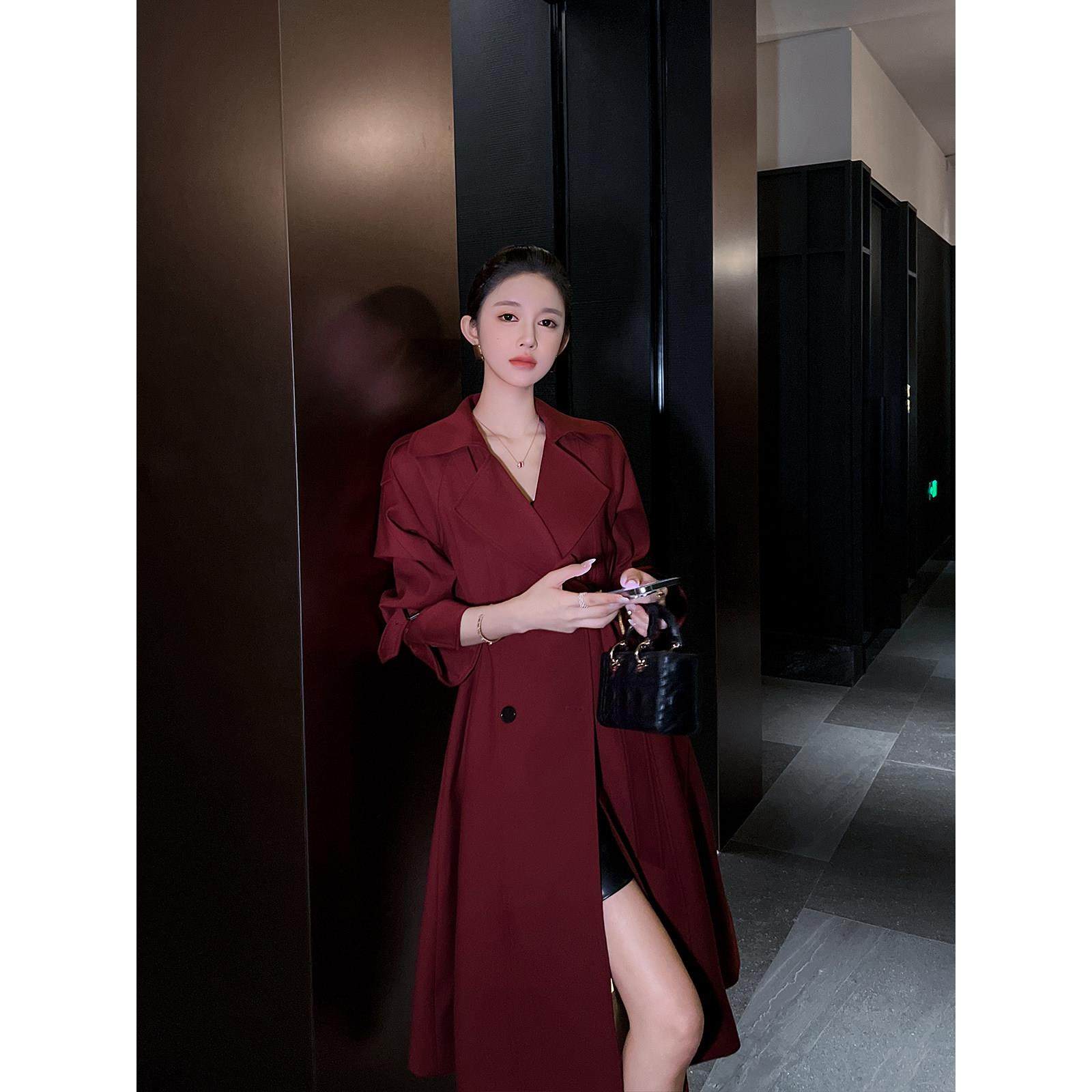 红色风衣女中长款2025春秋季新款宽松高级感过膝通勤气质大衣外套,女装/女士精品,风衣,淘宝优惠券,粉丝福利购,淘宝优惠卷