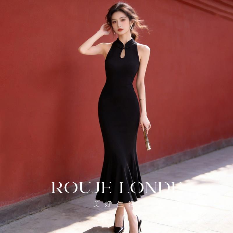 ROUJE LONDE新中式改良旗袍掐腰无袖连衣裙女夏绝美收腰鱼尾长裙