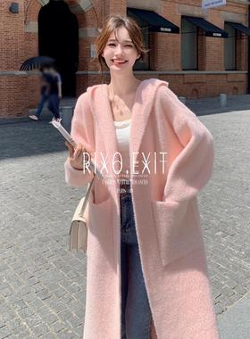 RIXO EXIT法式粉色仿水貂绒毛呢外套女冬季加厚慵懒风中长款大衣