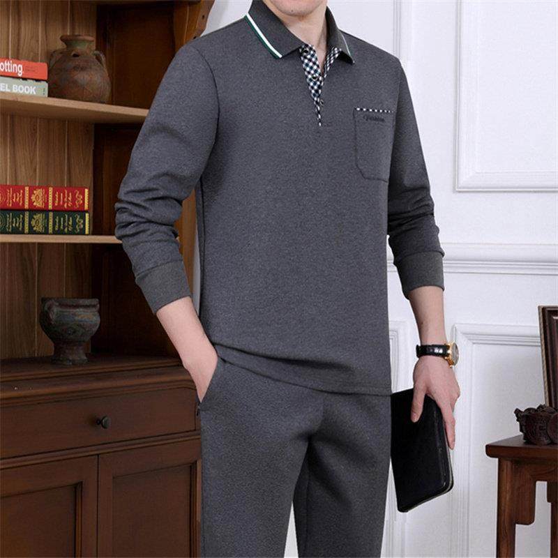 运动服套装男士春秋新款中年爸爸装POLO衫翻领上衣长裤休闲两件套