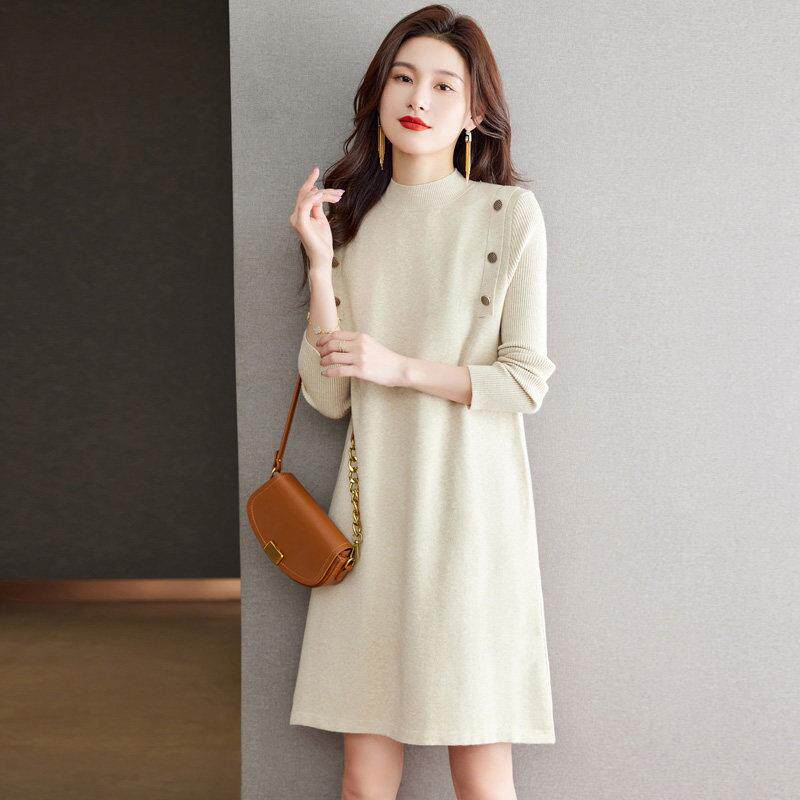 GPTP高级感毛衣半高领连衣裙女秋冬配大衣内搭中长款针织打底裙子