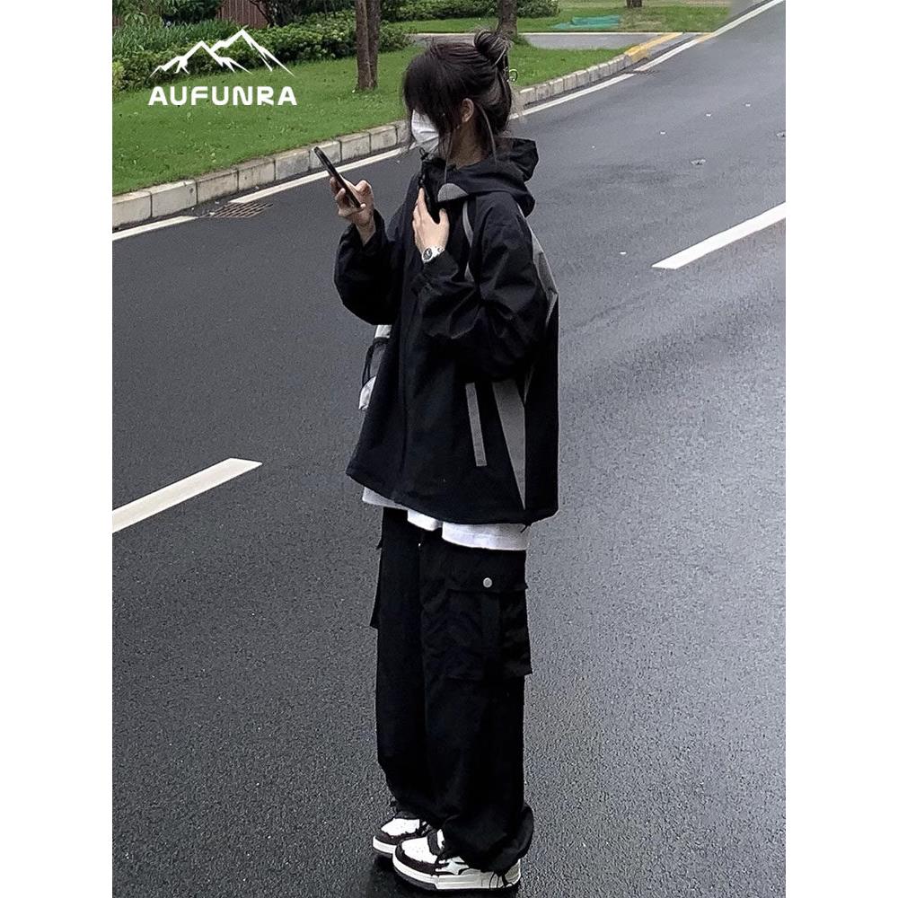 AUFUNRA黑色炫酷冲锋衣男女秋冬款国潮设计感小众防风复古登山服
