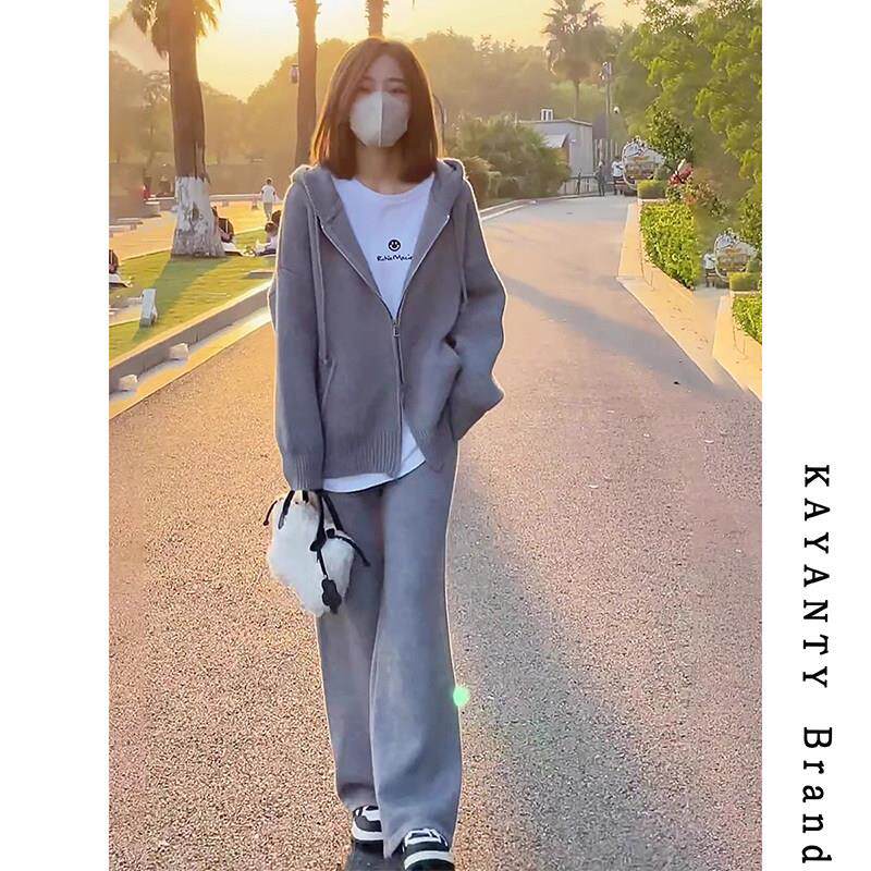 KAYANTY慵懒风休闲套装女春季新款韩版连帽开衫毛衣阔腿裤两件套