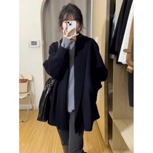 Spyb宽松慵懒风格中长长袖针织开衫女子春秋季法国覆古黑色毛衣夹