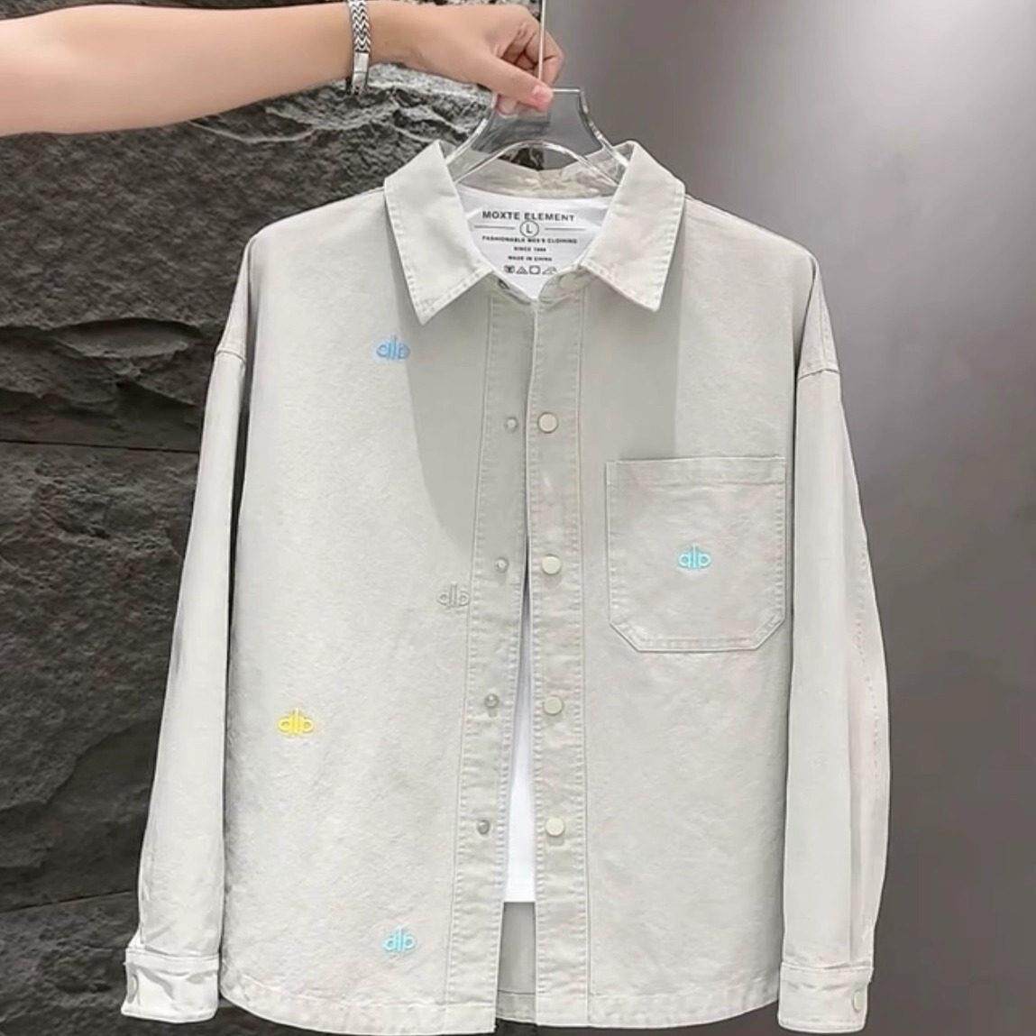 BellerLee 男士牛仔夹克时尚百搭休闲衬衣男装衬衫字母刺绣外套