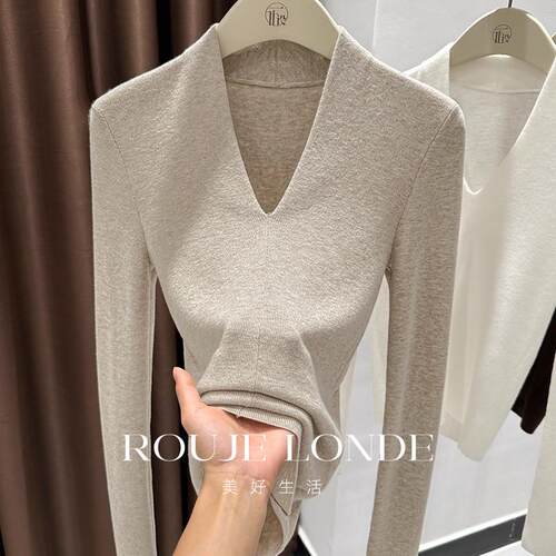 ROUJE LONDEV领长袖针织打底衫女秋新款气质套头毛衣修身显瘦上衣
