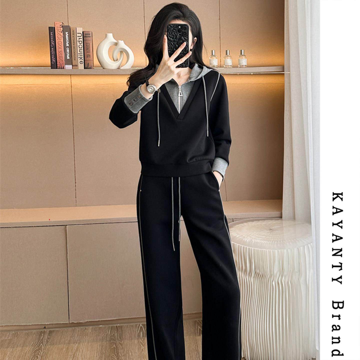KAYANTY休闲运动套装女秋冬新款宽松假两件连帽卫衣阔腿裤两件套