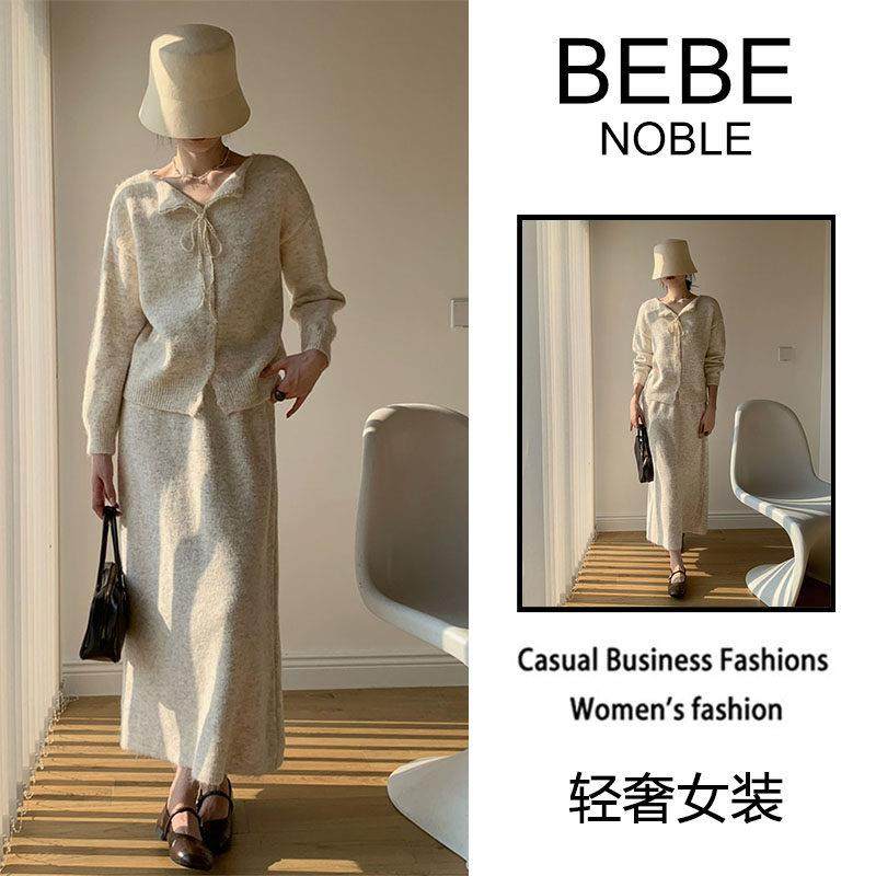 BEBE NOBLE法式蕾丝毛衣套装裙女2025冬季针织衫开叉半身裙两件套