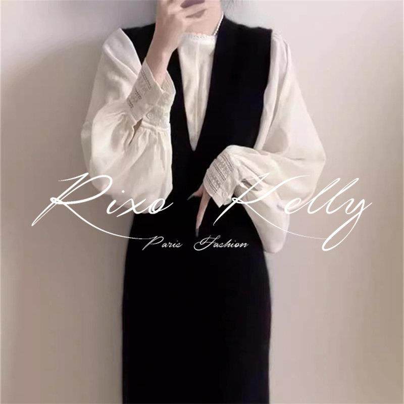 RIXO STREET法式冬装白色灯笼袖衬衫黑色收腰时尚背心裙两件套