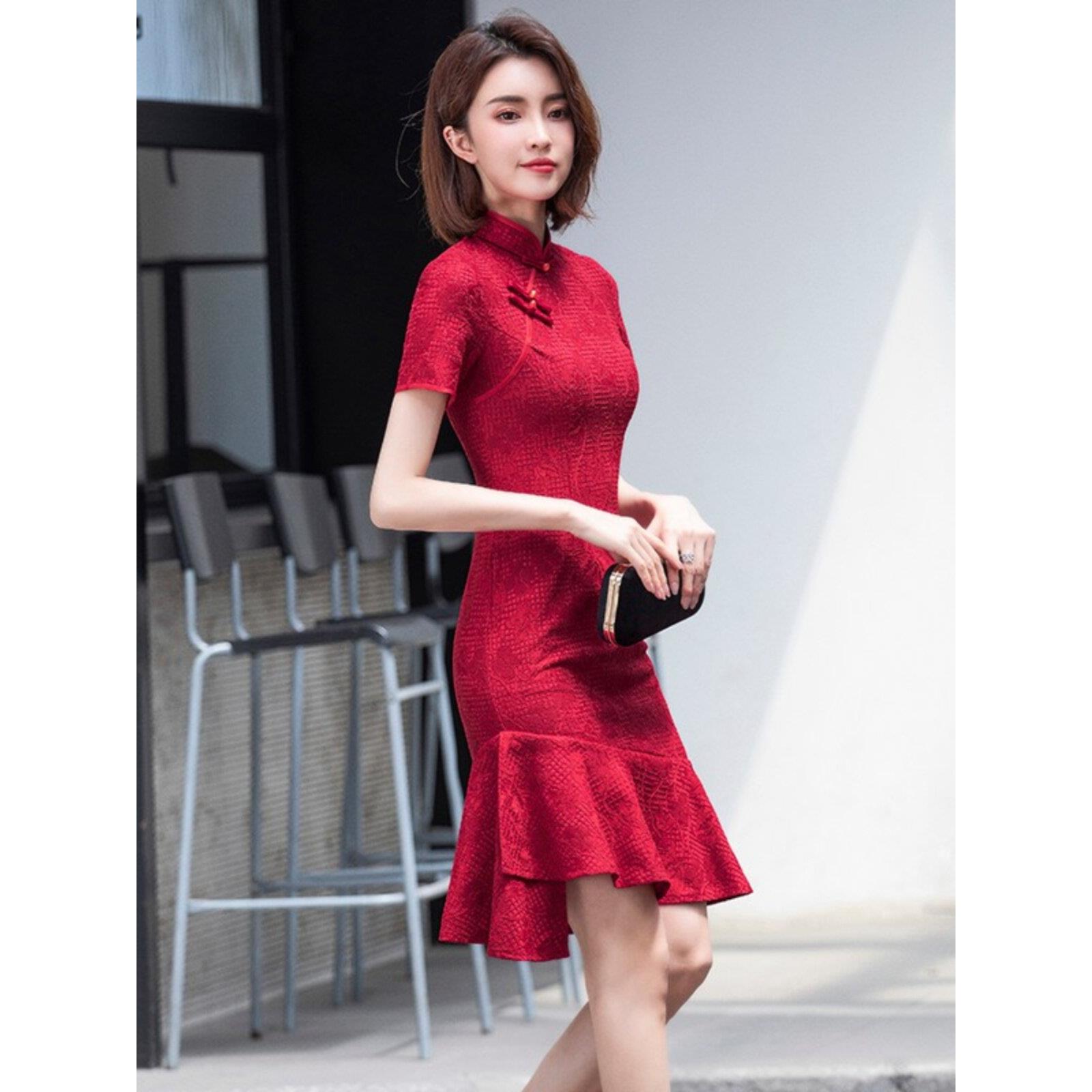 Claudie Pasey红色旗袍女夏季薄款高腰收腰蕾丝小个子短款连衣裙